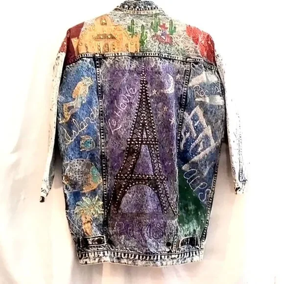 Vintage Jordache Acid Wash Upcycled Travel Theme Rhinestone Jean Jacket Size M - Picture 9 of 10